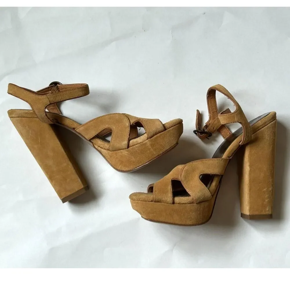 Zodiac USA ‘Tanya’ Tan Suede Platform Chunky Heels Sandals - Size 8